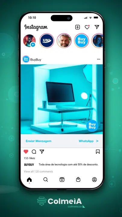 Imagem de um smartphone mostrando uma postagem no Instagram com uma promoção da BuyBuy, destacando produtos de tecnologia com desconto de até 50%.